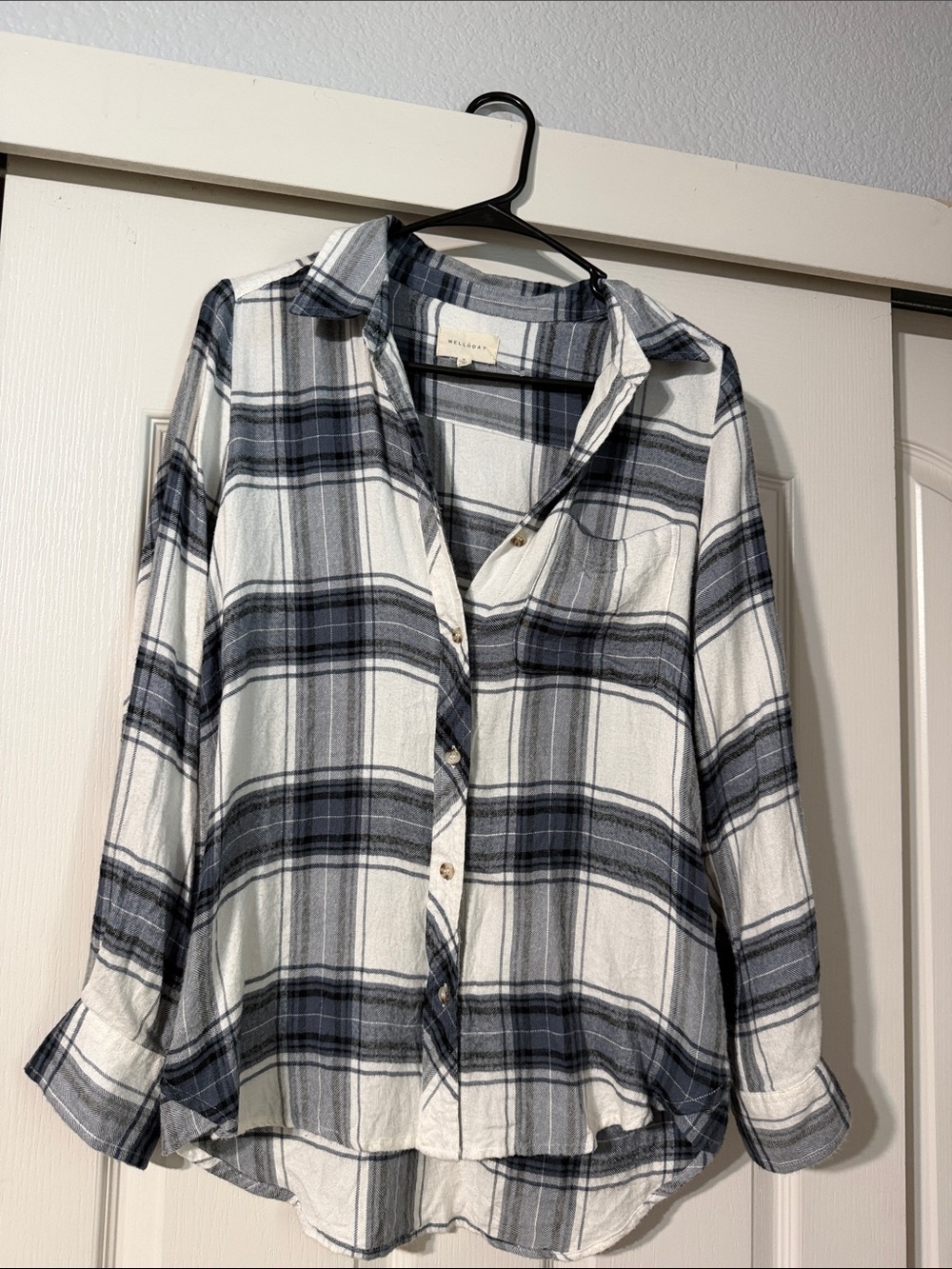 Size S Blue and White Plaid Flannel Button Down Shirt